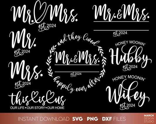 Mr and Mrs wedding signs bundle. Hubby and Wifey shirt designs for honey moonin. SVG, PNG, JPG, EPS, DXF files included. Cut from vinyl, use for sublimation or laser cut / grave projects. Compatible with Cricut, Silhouette or other machines. Buy now