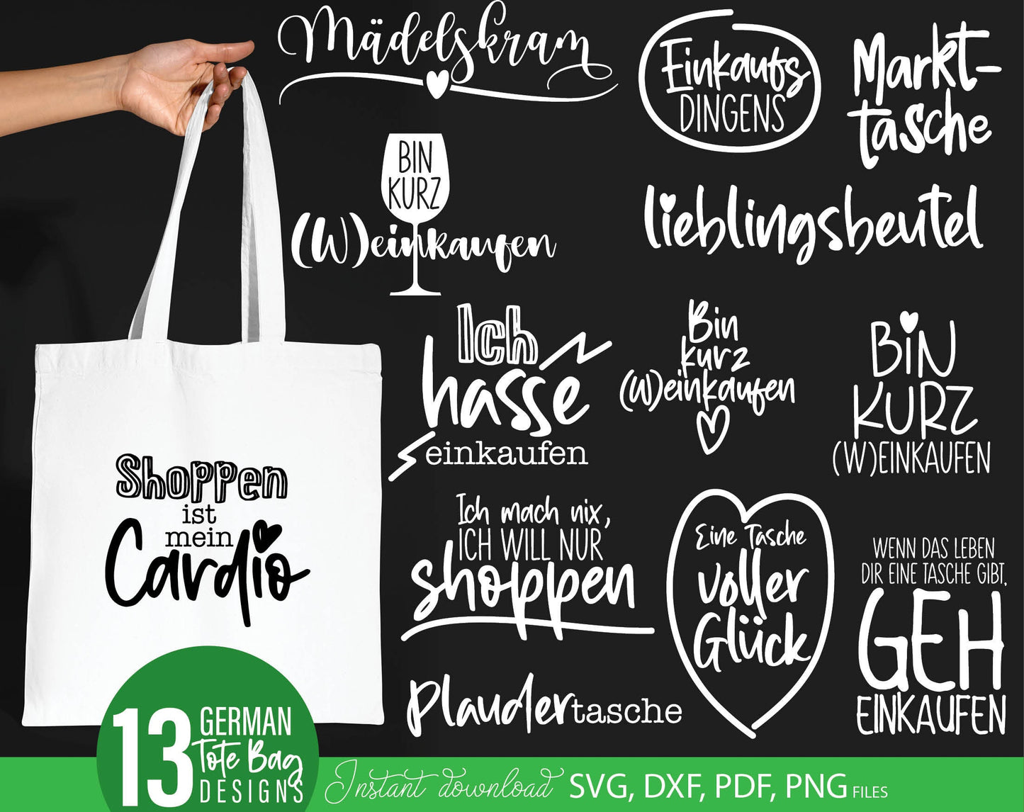 German sayings for tasche plotter file bag sayings bundle. SVG DXF PDF PNG files included. Compatible with Cricut, Silhouette or other equipment. Cut from vinyl, use for sublimation or laser cut / grave projects as well. Buy now for a good price!