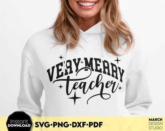 Very Merry Teacher design for Your Teacher Gift ideas. SVG PNG DXF PDF files included, Compatible with Cricut, Silhouette or other equipment. Cut from vinyl, use for sublimation or laser cut or grave projects as well. Buy now for a good price, enjoy!