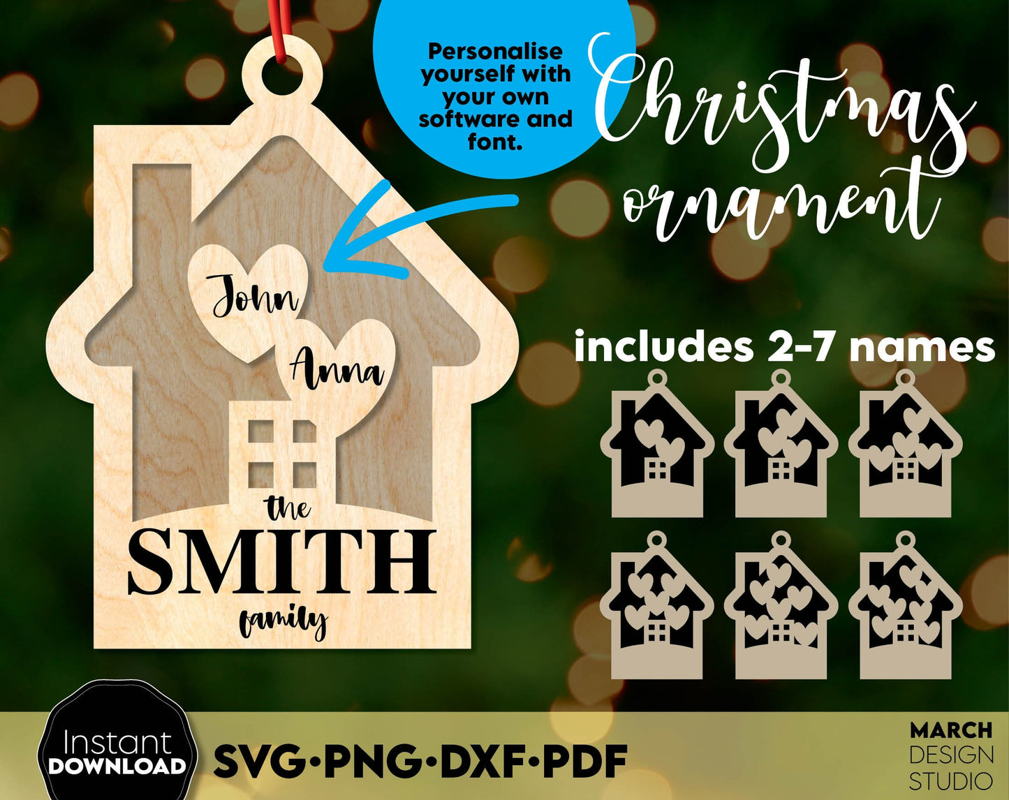 Christmas Family Tree Ornaments with custom family names on it. SVG PNG DXF PDF files included. Compatible with Cricut, Silhouette or other equipment. Cut from vinyl, use for sublimation or laser cut or grave projects as well. Buy now and enjoy!