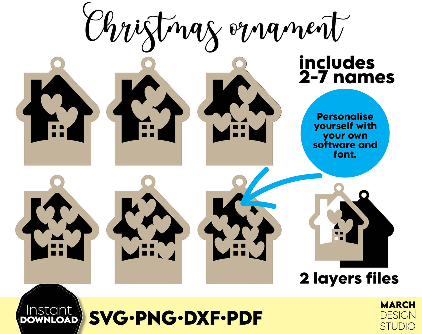 Christmas Family Tree Ornaments with custom family names on it. SVG PNG DXF PDF files included. Compatible with Cricut, Silhouette or other equipment. Cut from vinyl, use for sublimation or laser cut or grave projects as well. Buy now and enjoy!