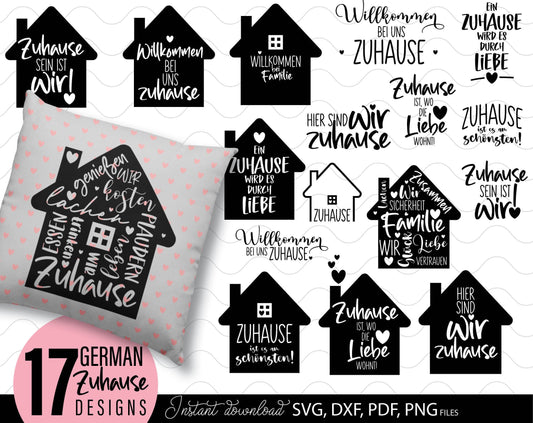 17 German zuhause und familie plotter files bundle. SVG DXF PDF PNG files for included. Compatible with Cricut, Silhouette or other equipment. Cut from vinyl, use for sublimation or laser cut or grave projects as well. Buy now for a good price, enjoy