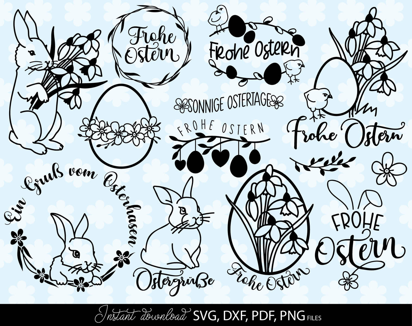 German Ostern and frühling Plotter files Bundle. SVG DXF PNG and PDF files included. Compatible with  Cricut, Silhouette and others machines. Cut from vinyl, use for sublimation or laser cut projects as well. Buy now for a good price and enjoy!