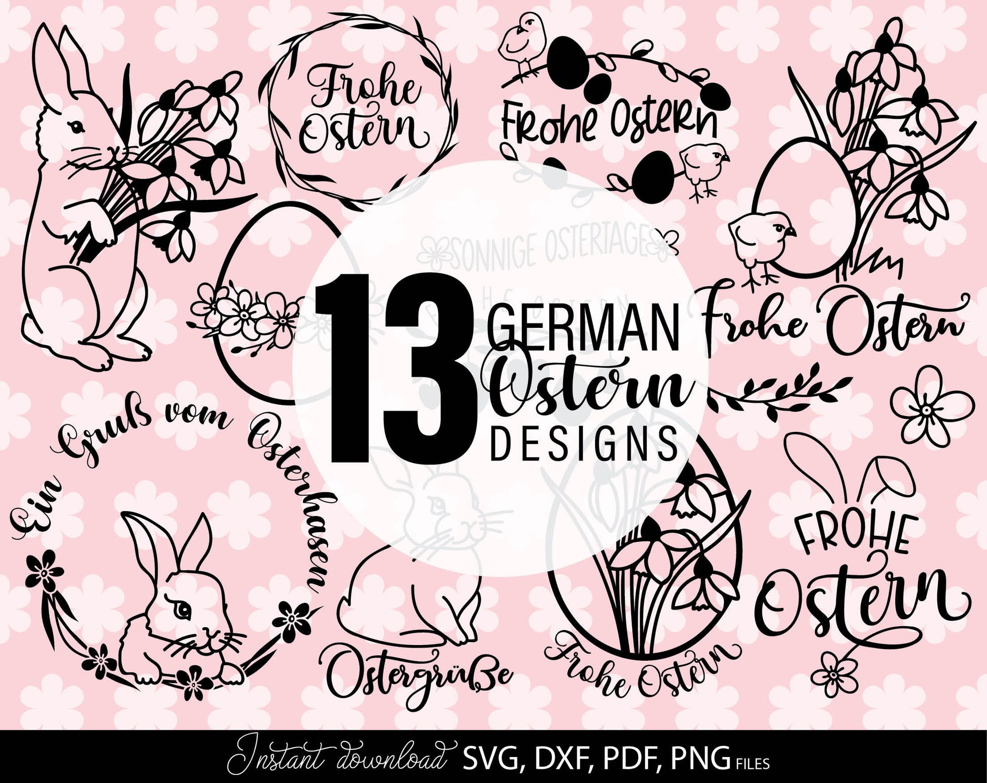 German Ostern and frühling Plotter files Bundle. SVG DXF PNG and PDF files included. Compatible with  Cricut, Silhouette and others machines. Cut from vinyl, use for sublimation or laser cut projects as well. Buy now for a good price and enjoy!