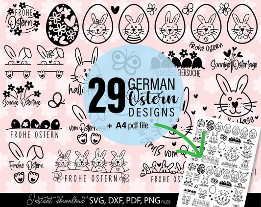 German Ostern and frühling Plotter files Bundle. SVG DXF PNG and PDF files included. Compatible with  Cricut, Silhouette and others machines. Cut from vinyl, use for sublimation or laser cut projects as well. Buy now for a good price and enjoy!
