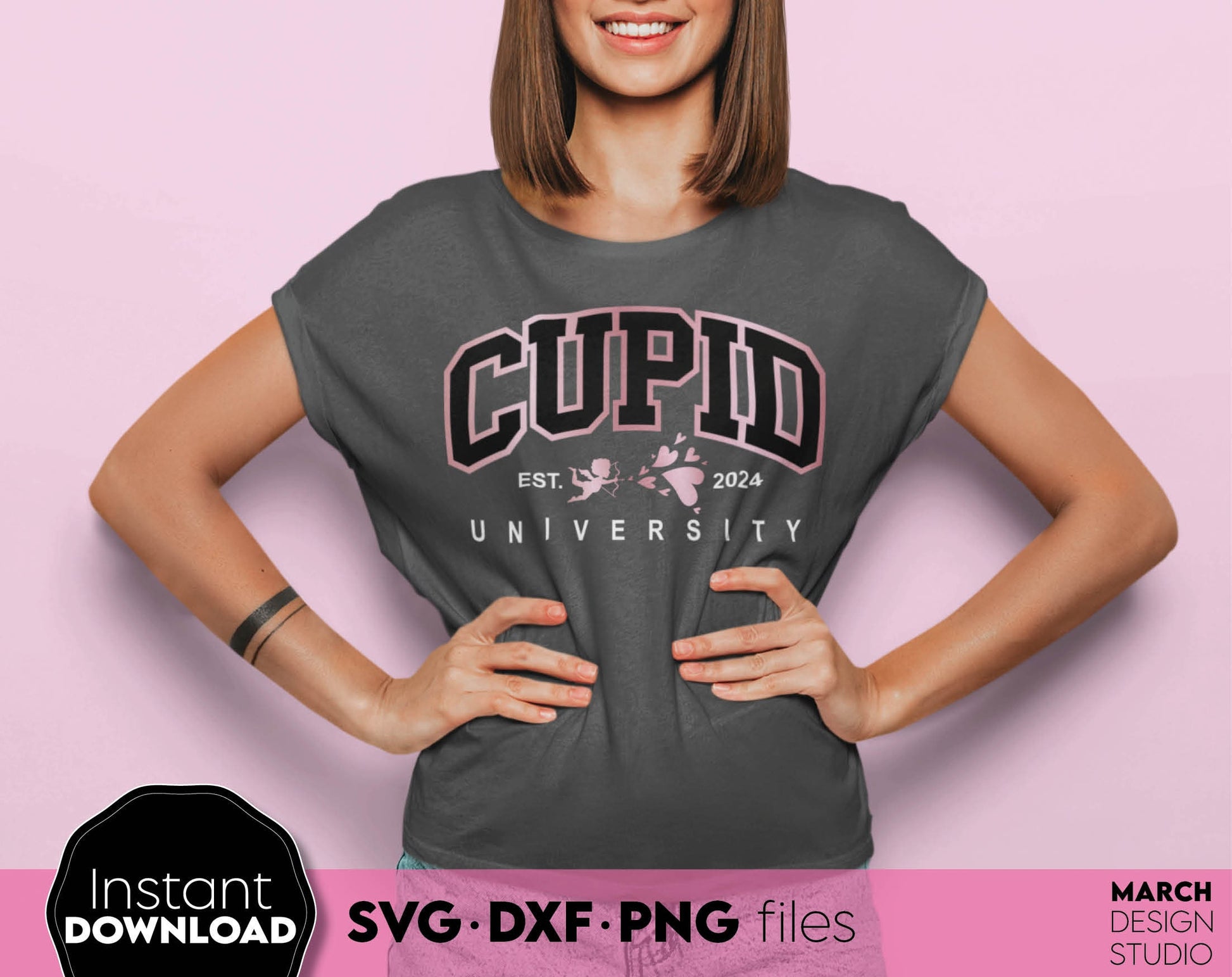 Cupid University Est.2024. Valentine day shirt SVG DXF PNG files included. Compatible with Cricut, Silhouette and other equipment. Cut from vinyl, use for sublimation or laser / grave projects as well. Buy now for a good price and enjoy!