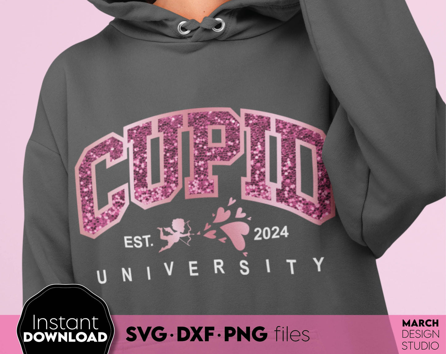 Cupid University Est.2024. Valentine day shirt SVG DXF PNG files included. Compatible with Cricut, Silhouette and other equipment. Cut from vinyl, use for sublimation or laser / grave projects as well. Buy now for a good price and enjoy!