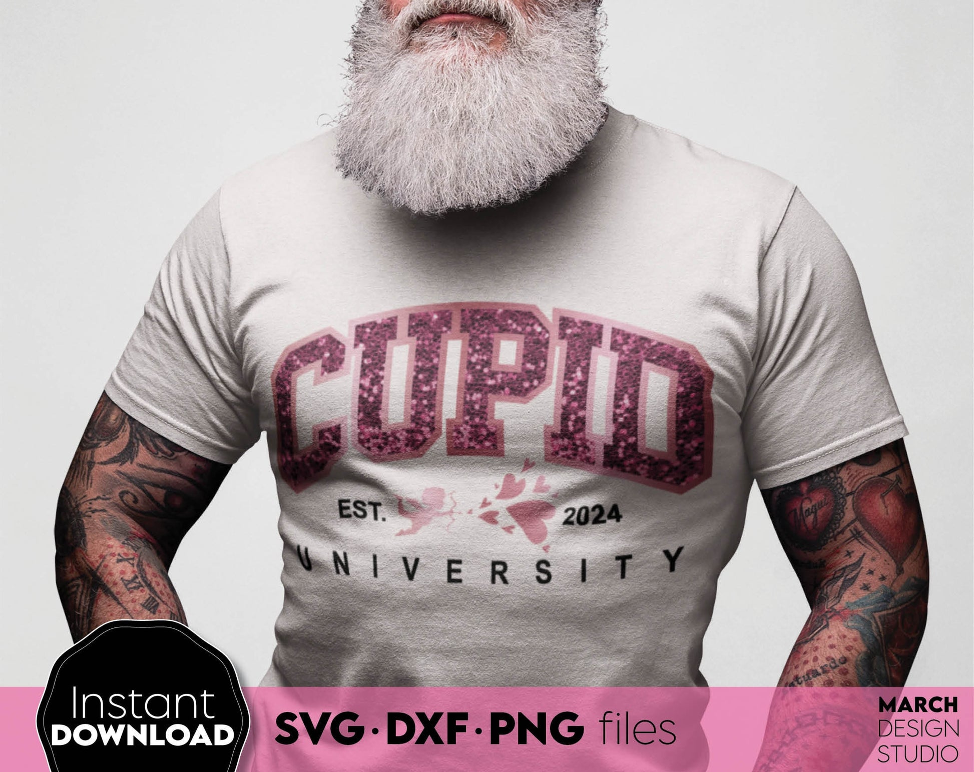 Cupid University Est.2024. Valentine day shirt SVG DXF PNG files included. Compatible with Cricut, Silhouette and other equipment. Cut from vinyl, use for sublimation or laser / grave projects as well. Buy now for a good price and enjoy!