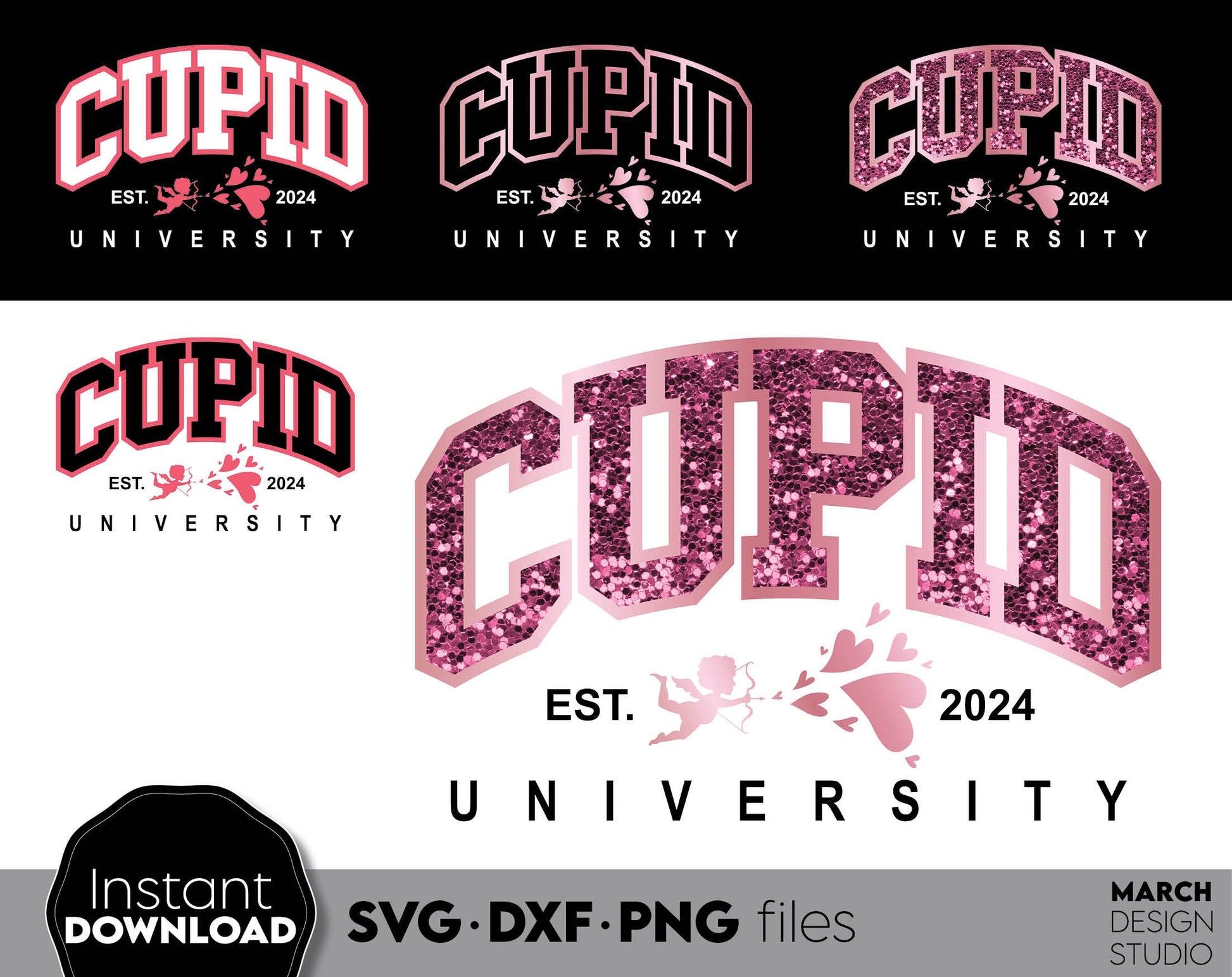 Cupid University Est.2024. Valentine day shirt SVG DXF PNG files included. Compatible with Cricut, Silhouette and other equipment. Cut from vinyl, use for sublimation or laser / grave projects as well. Buy now for a good price and enjoy!