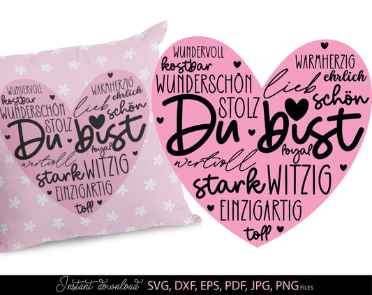 German Plotter File Herz Du bist design. SVG, PNG, JPG, PDF, DXF, EPS files included. Compatible with Cricut, Silhouette and others machines. Use for sublimation or laser cut projects as well. Buy now for a good - discount price. Enjoy!