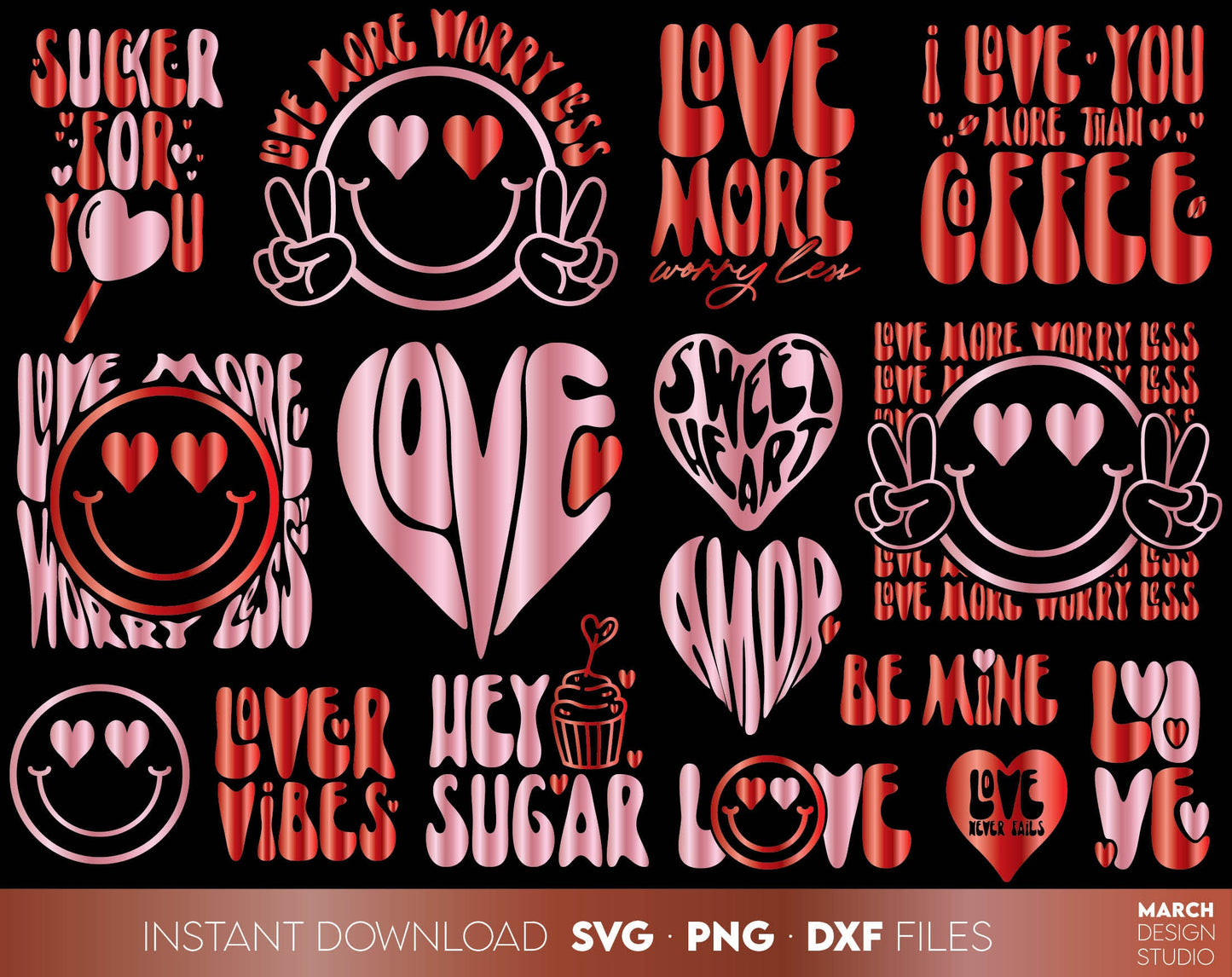 Retro Boho style Valentines Day bundle designs. SVG, PNG, JPG, EPS, DXF files included. Compatible with Cricut, Silhouette and others machines. Use for sublimation or laser cut projects as well. Buy now for a good - discount price. Enjoy!