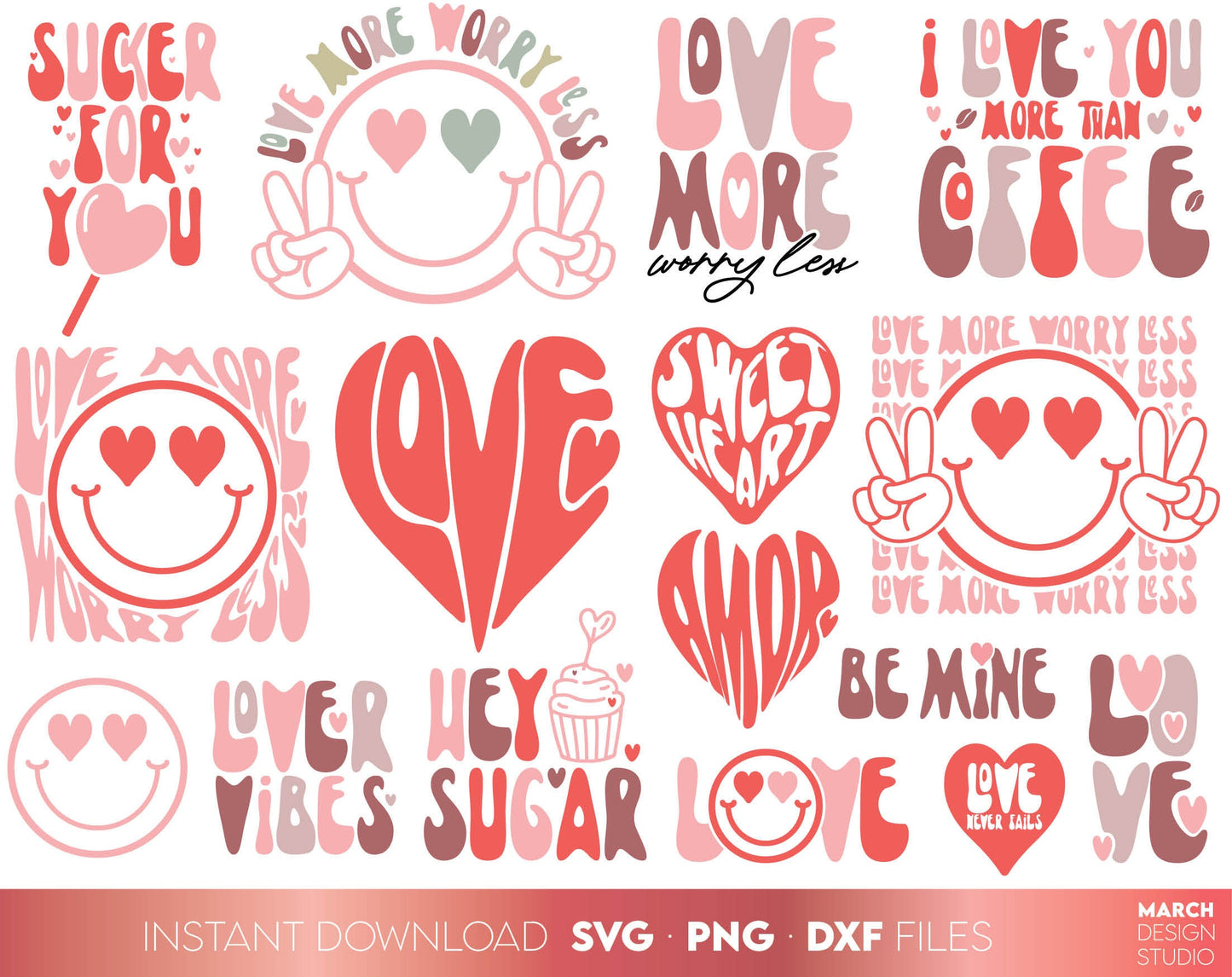 Retro Boho style Valentines Day bundle designs. SVG, PNG, JPG, EPS, DXF files included. Compatible with Cricut, Silhouette and others machines. Use for sublimation or laser cut projects as well. Buy now for a good - discount price. Enjoy!