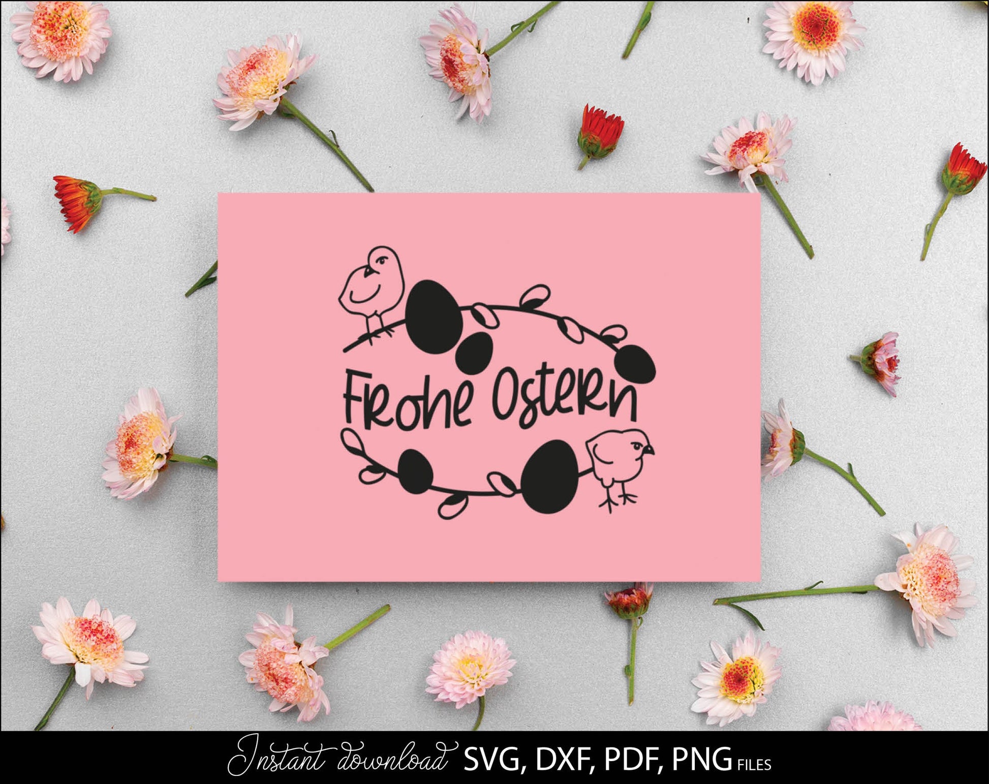 German Ostern and frühling Plotter files Bundle. SVG DXF PNG and PDF files included. Compatible with  Cricut, Silhouette and others machines. Cut from vinyl, use for sublimation or laser cut projects as well. Buy now for a good price and enjoy!