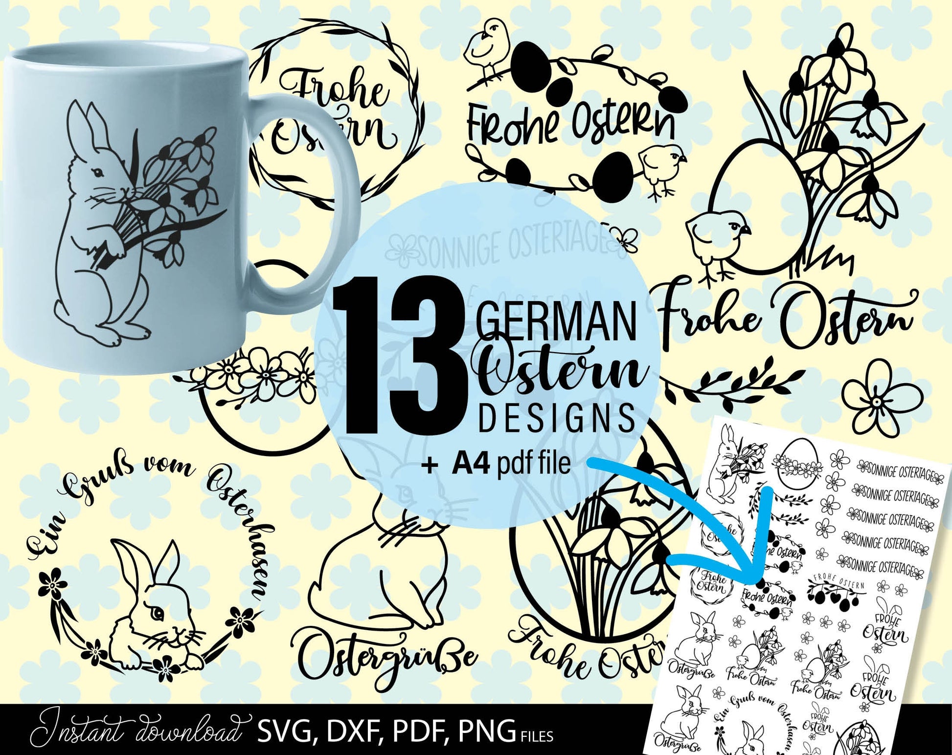 German Ostern and frühling Plotter files Bundle. SVG DXF PNG and PDF files included. Compatible with  Cricut, Silhouette and others machines. Cut from vinyl, use for sublimation or laser cut projects as well. Buy now for a good price and enjoy!