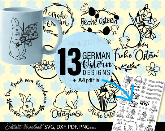 German Ostern and frühling Plotter files Bundle. SVG DXF PNG and PDF files included. Compatible with  Cricut, Silhouette and others machines. Cut from vinyl, use for sublimation or laser cut projects as well. Buy now for a good price and enjoy!