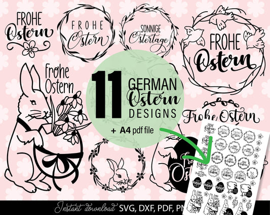 German Ostern and frühling Plotter files Bundle. SVG DXF PNG and PDF files included. Compatible with  Cricut, Silhouette and others machines. Cut from vinyl, use for sublimation or laser cut projects as well. Buy now for a good price and enjoy!
