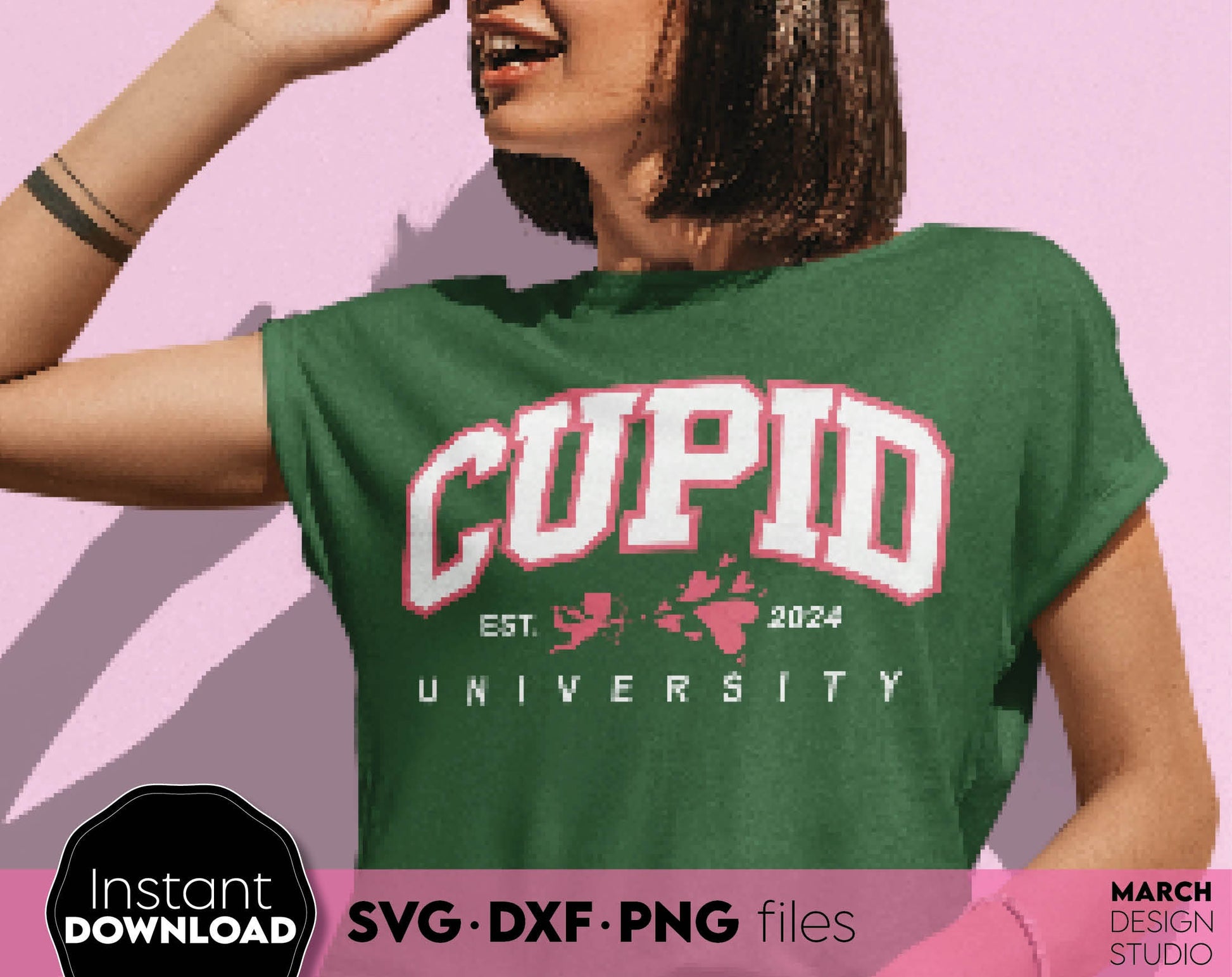 Cupid University Est.2024. Valentine day shirt SVG DXF PNG files included. Compatible with Cricut, Silhouette and other equipment. Cut from vinyl, use for sublimation or laser / grave projects as well. Buy now for a good price and enjoy!