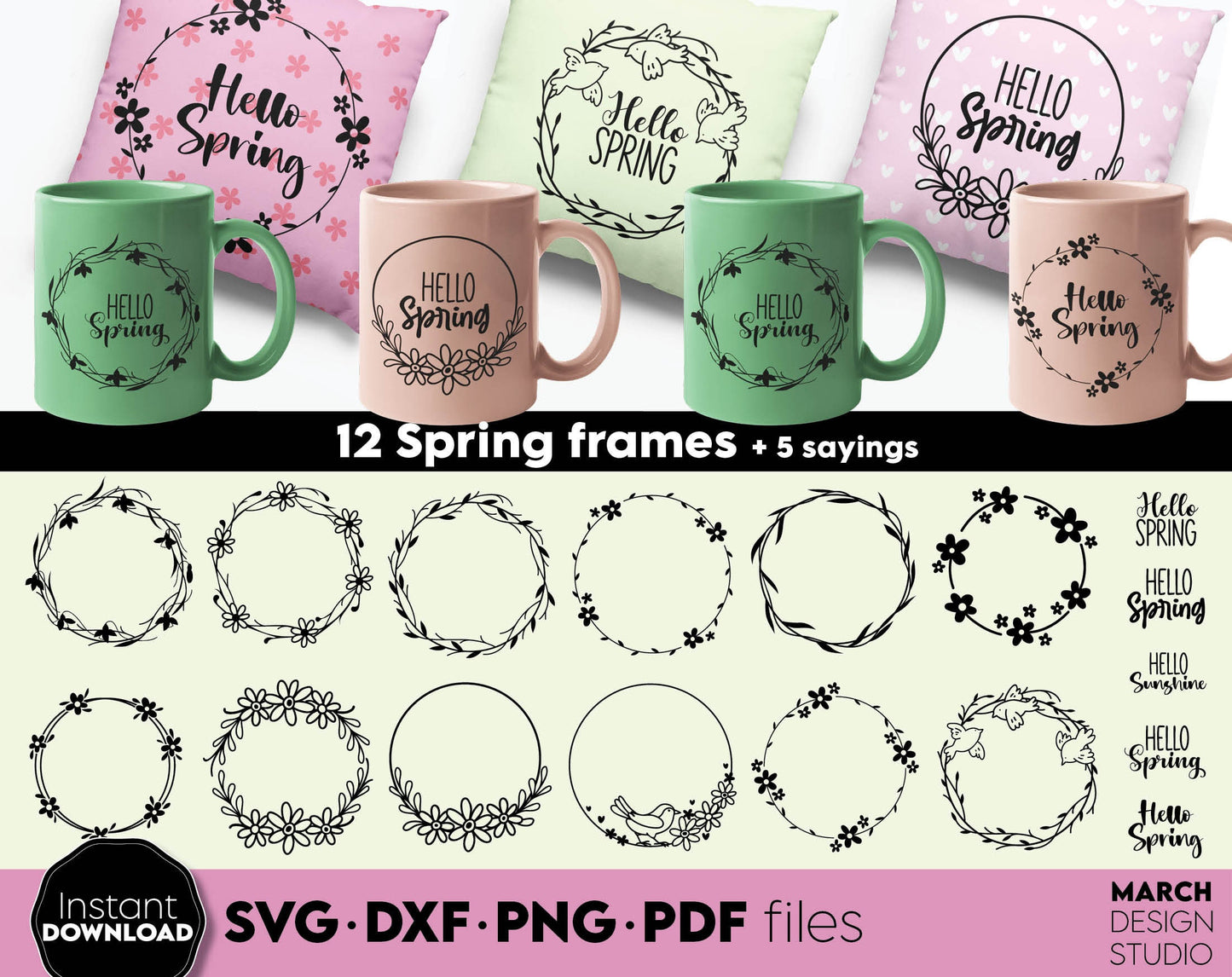 Spring wreath and spring quotes for Your craft SVG PNG JPG EPS DXF files included. Compatible with Cricut, Silhouette or other equipment. Cut from vinyl, use for printing, sublimation or laser cut, grave projects. Buy now for a good price and enjoy!