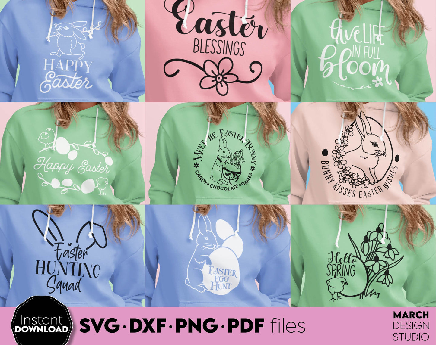 Spring bundle with rustic easter farmhouse decorations. SVG PNG EPS DXF files included. Compatible with Cricut, Silhouette or other equipment. Cut from vinyl, use for printing, sublimation or laser cut projects. Buy now for a good price and enjoy!