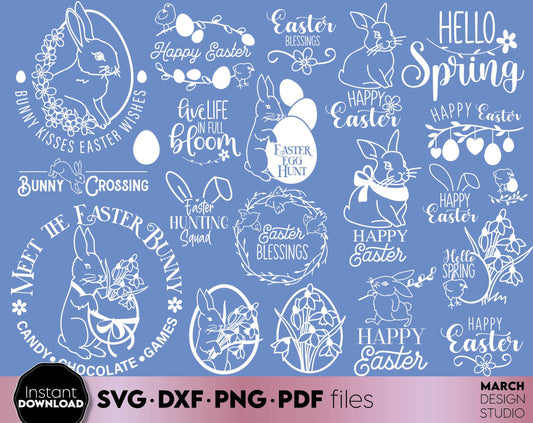 Spring bundle with rustic easter farmhouse decorations. SVG PNG EPS DXF files included. Compatible with Cricut, Silhouette or other equipment. Cut from vinyl, use for printing, sublimation or laser cut projects. Buy now for a good price and enjoy!