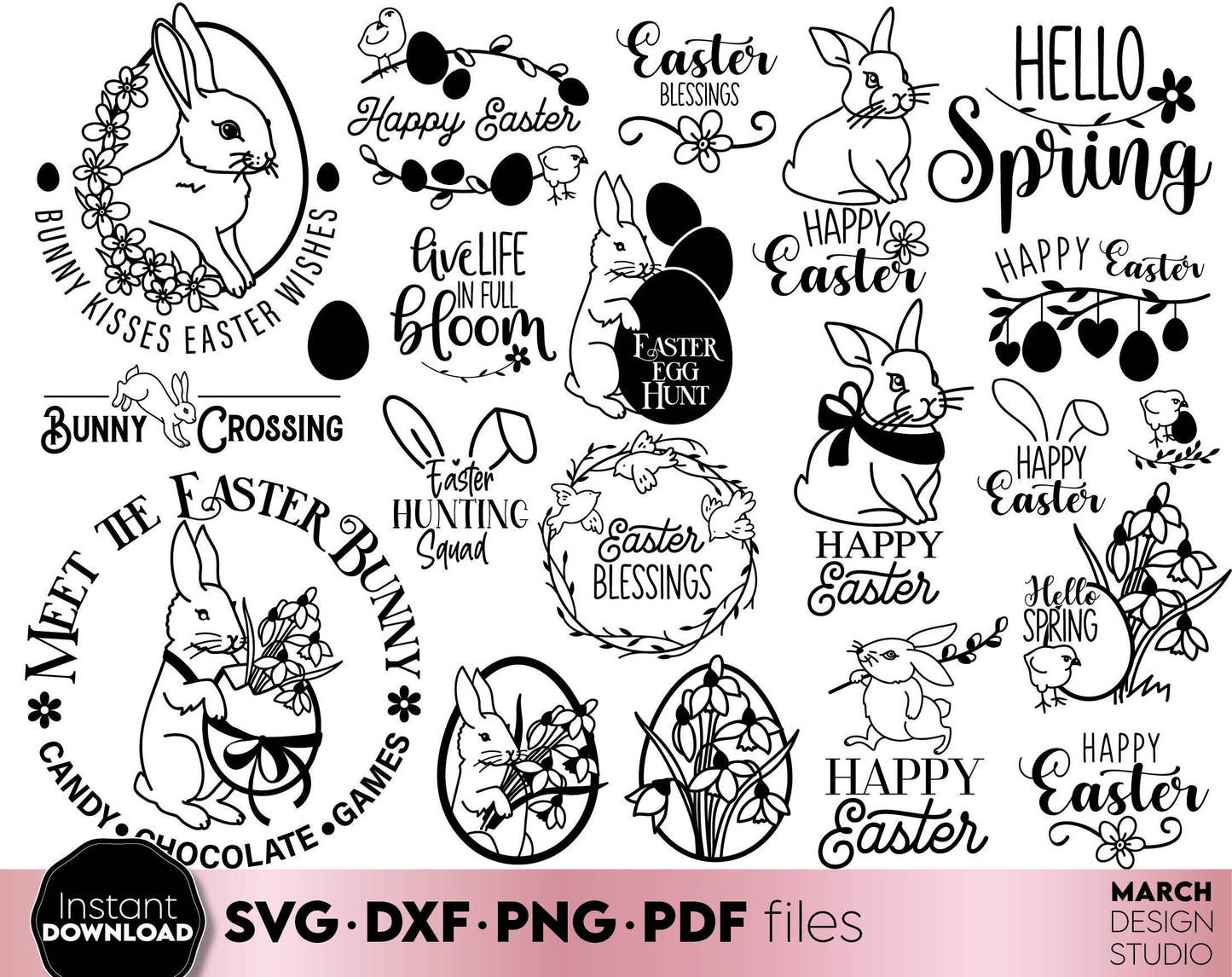 Spring bundle with rustic easter farmhouse decorations. SVG PNG EPS DXF files included. Compatible with Cricut, Silhouette or other equipment. Cut from vinyl, use for printing, sublimation or laser cut projects. Buy now for a good price and enjoy!