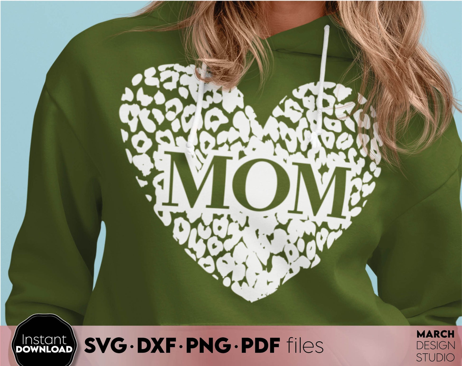 Mom leopard print heart. Nice design for mother day or mom birthday gift ideas. SVG PNG EPS DXF files included. Compatible with Cricut, Silhouette. Cut from vinyl, use for printing, sublimation or laser cut projects. Buy now for a good price, enjoy!