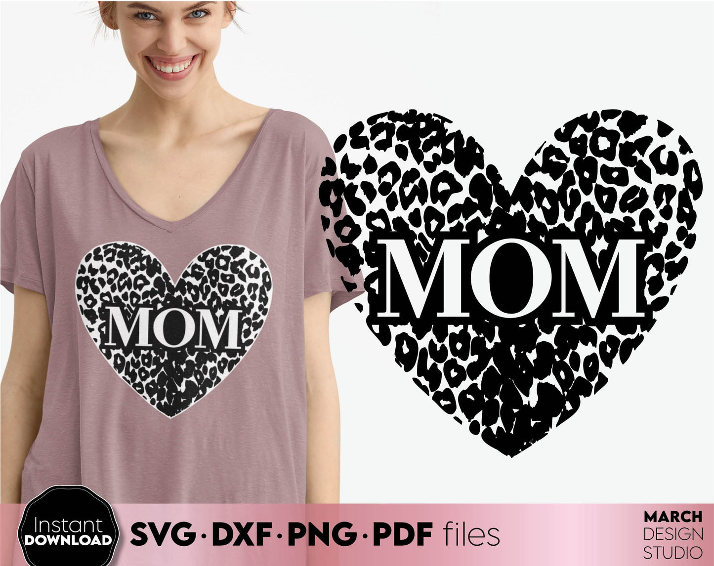 Mom leopard print heart. Nice design for mother day or mom birthday gift ideas. SVG PNG EPS DXF files included. Compatible with Cricut, Silhouette. Cut from vinyl, use for printing, sublimation or laser cut projects. Buy now for a good price, enjoy!