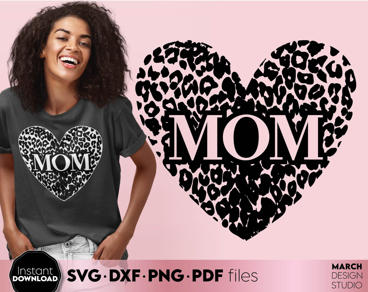 Mom leopard print heart. Nice design for mother day or mom birthday gift ideas. SVG PNG EPS DXF files included. Compatible with Cricut, Silhouette. Cut from vinyl, use for printing, sublimation or laser cut projects. Buy now for a good price, enjoy!