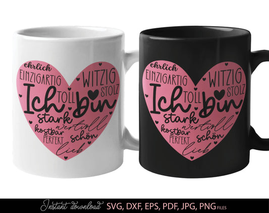German Plotter File Ich bin Herz design. SVG, PNG, JPG, PDF, DXF, EPS files included. Compatible with Cricut, Silhouette and others machines. Use for sublimation or laser cut projects as well. Buy now for a good - discount price. Enjoy!