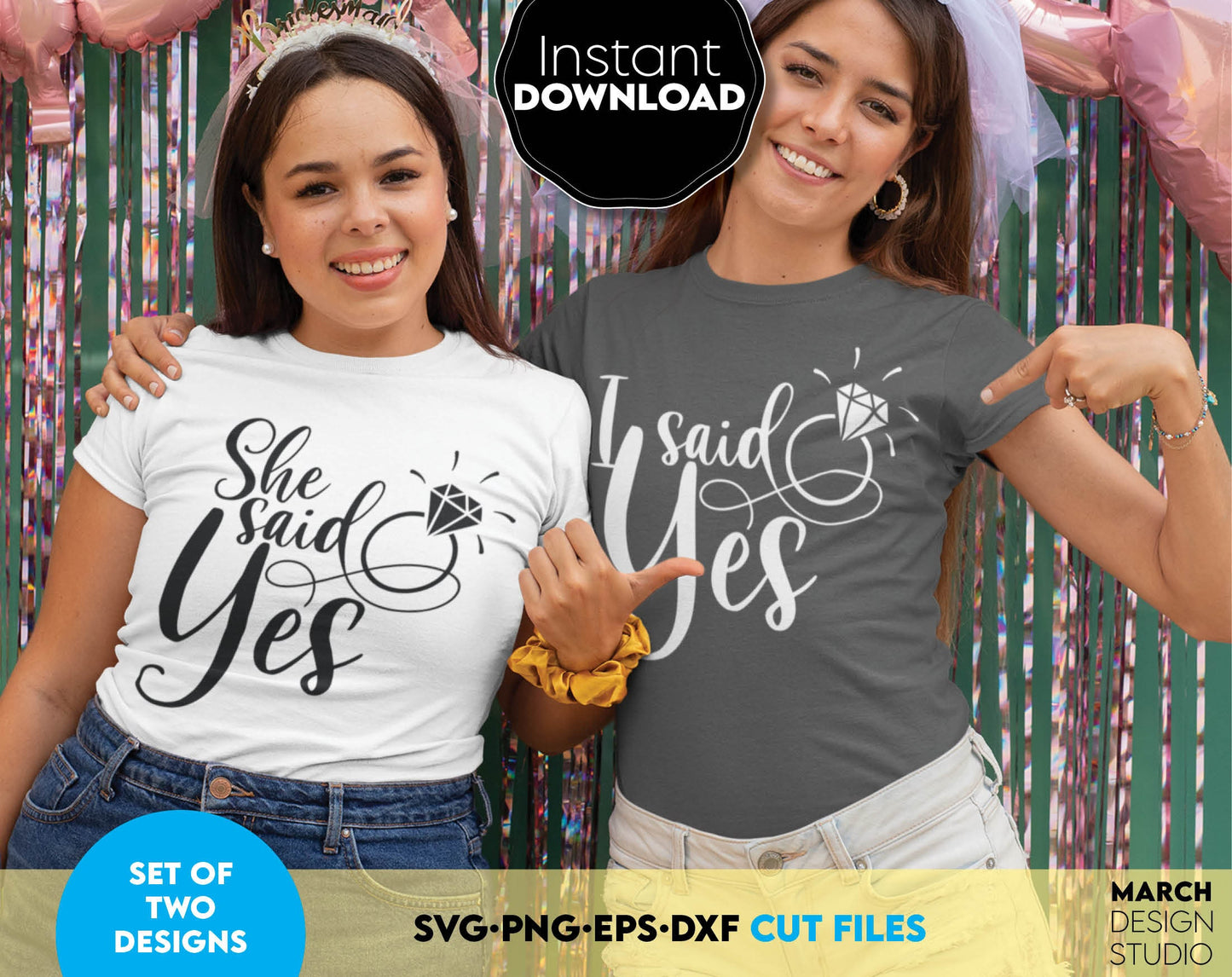 I said Yes and She Said Yes designs set for bachelorette party matching shirts. SVG PNG EPS DXF files included. Compatible with Cricut, Silhouette, sublimation printers and other equipment. Cut from vinyl, use for sublimation or laser cut projects!