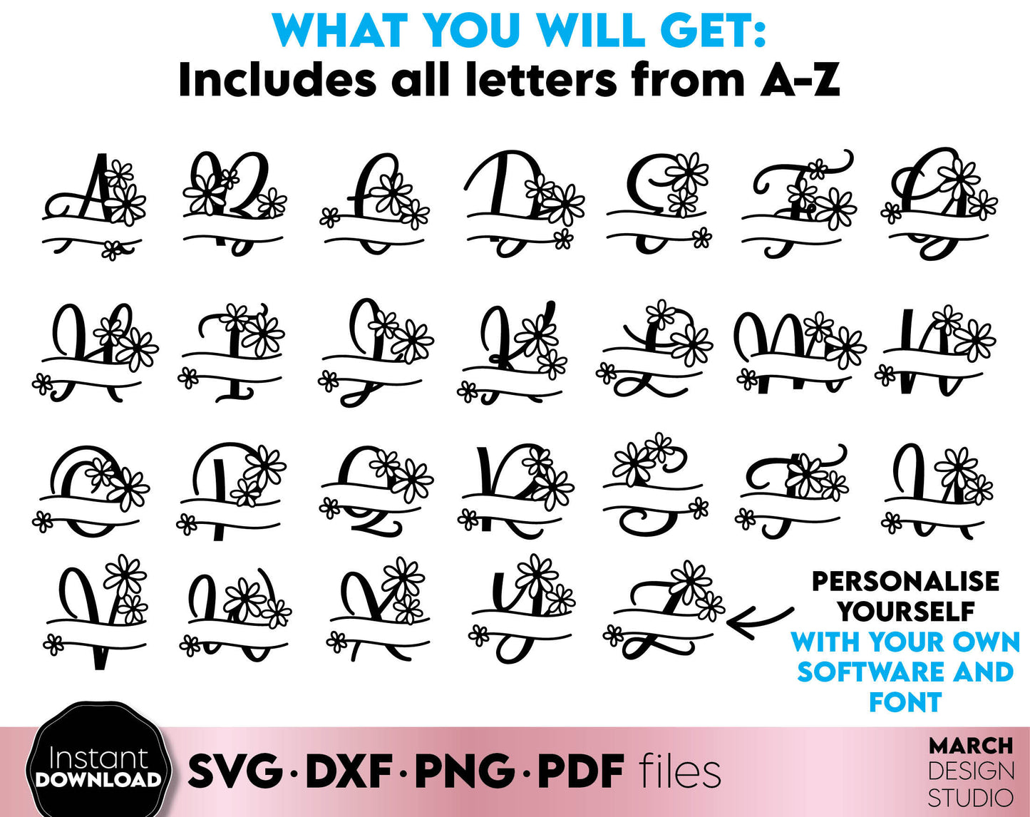 Flourish Letters Alphabet font you can use to surprise your loved ones. Just click ADD TO CARD. You can use Floral monogram font to make gifts for various important events, like - Christmas, Birthdays, Weddings, etc. Compatible with Cricut. Enjoy!