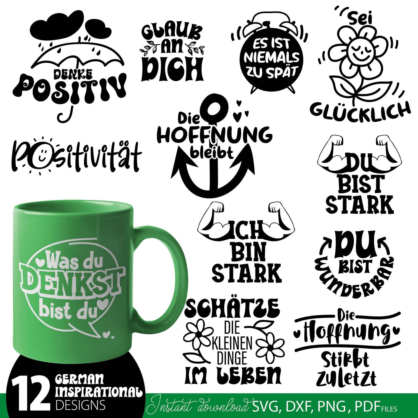 German Motivational Quotes Plotter File SVG PNG DXF | German saying Svg | Plotting Bundle Clipart | German Positive Quotes svg png