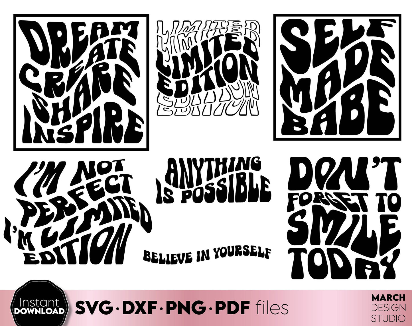 Dream Create Share Inspire with Wavy font Boho style design. SVG DXF PNG PDF files included. Compatible with Cricut, Silhouette or sublimation printers. Cut from vinyl, use for sublimation or laser cut or grave projects. Buy now and enjoy!