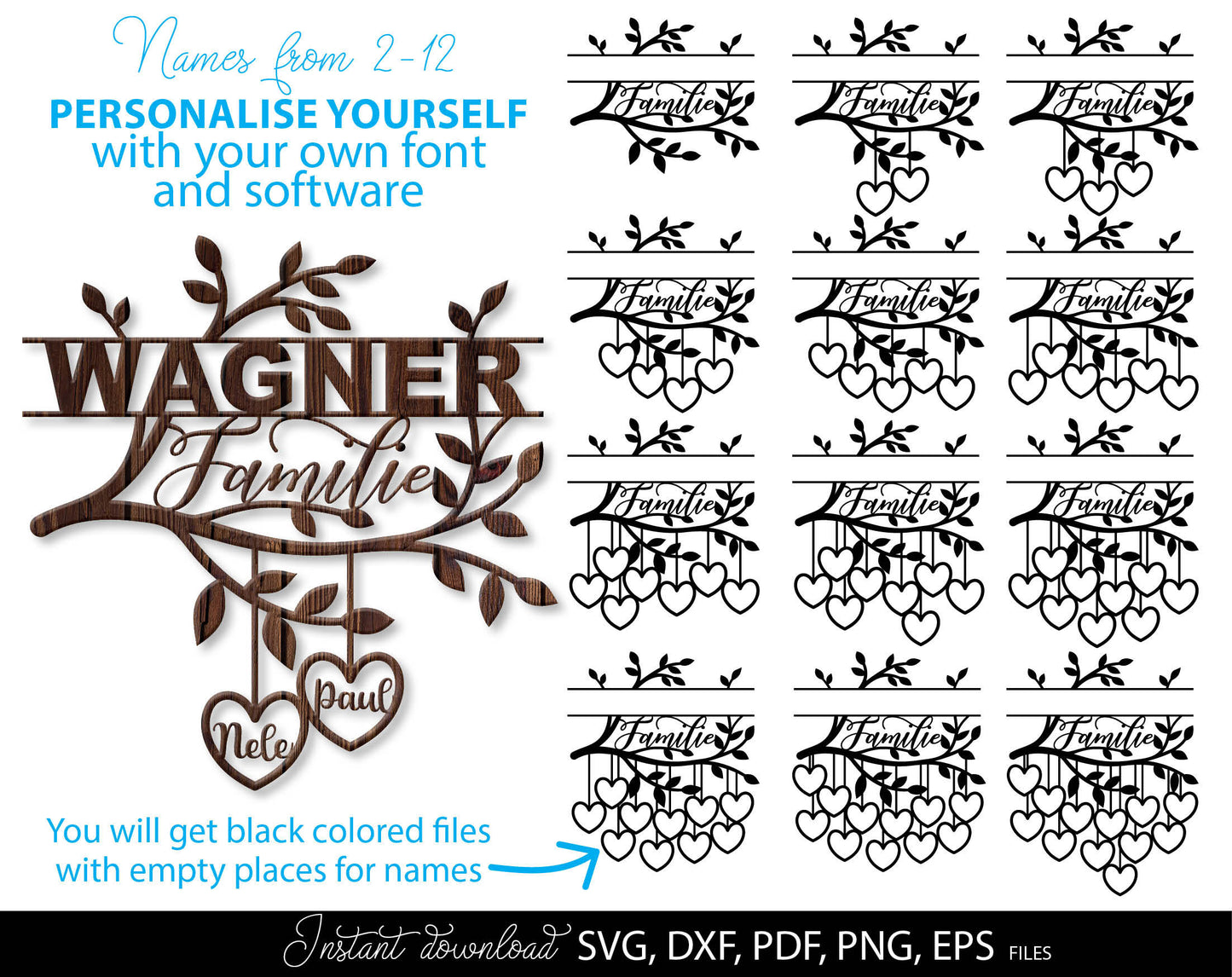 German familie reunion tree. Nice for Your zuhause decoration or gift ideas for family. SVG PNG JPG EPS DXF PDF files included. Compatible with Cricut, Silhouette or other. Cut from vinyl, use for printing, sublimation or laser cut, grave projects.