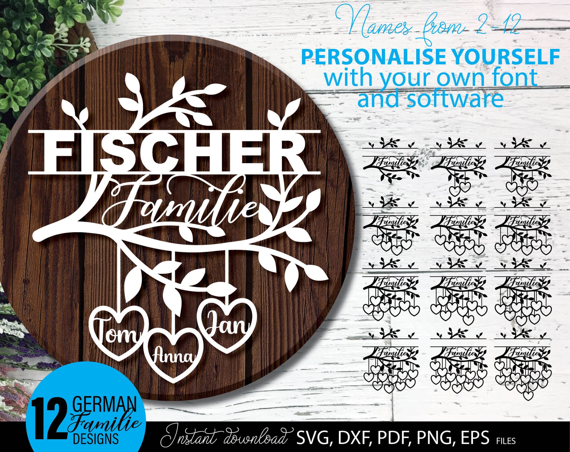 German familie reunion tree. Nice for Your zuhause decoration or gift ideas for family. SVG PNG JPG EPS DXF PDF files included. Compatible with Cricut, Silhouette or other. Cut from vinyl, use for printing, sublimation or laser cut, grave projects.