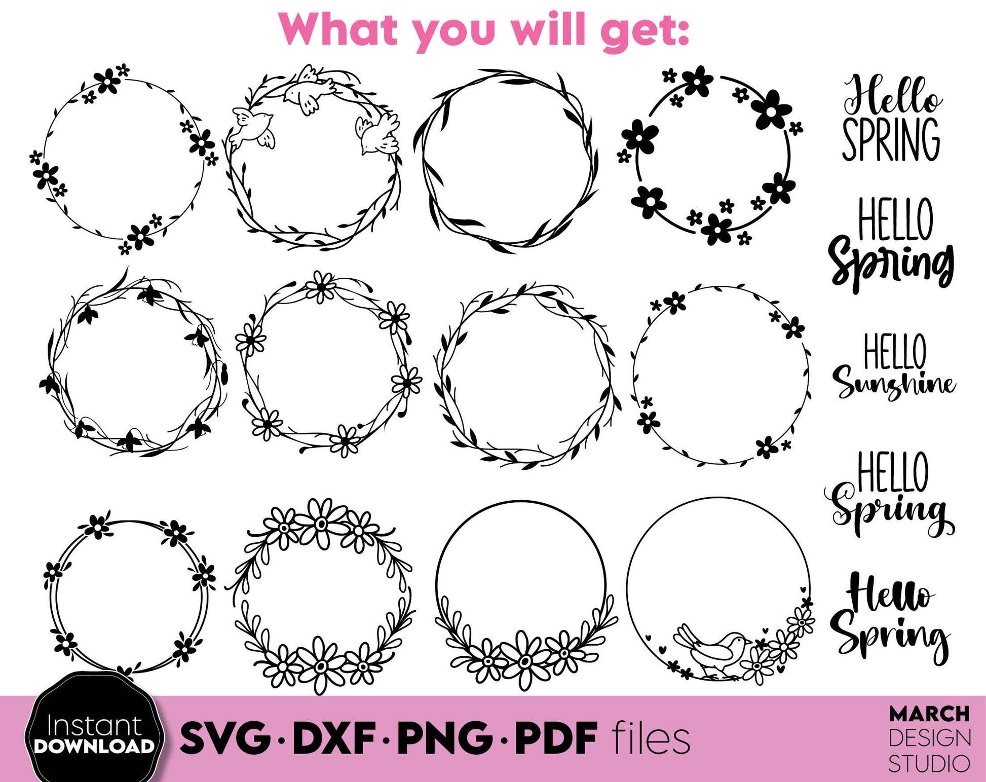 Spring wreath and spring quotes for Your craft SVG PNG JPG EPS DXF files included. Compatible with Cricut, Silhouette or other equipment. Cut from vinyl, use for printing, sublimation or laser cut, grave projects. Buy now for a good price and enjoy!