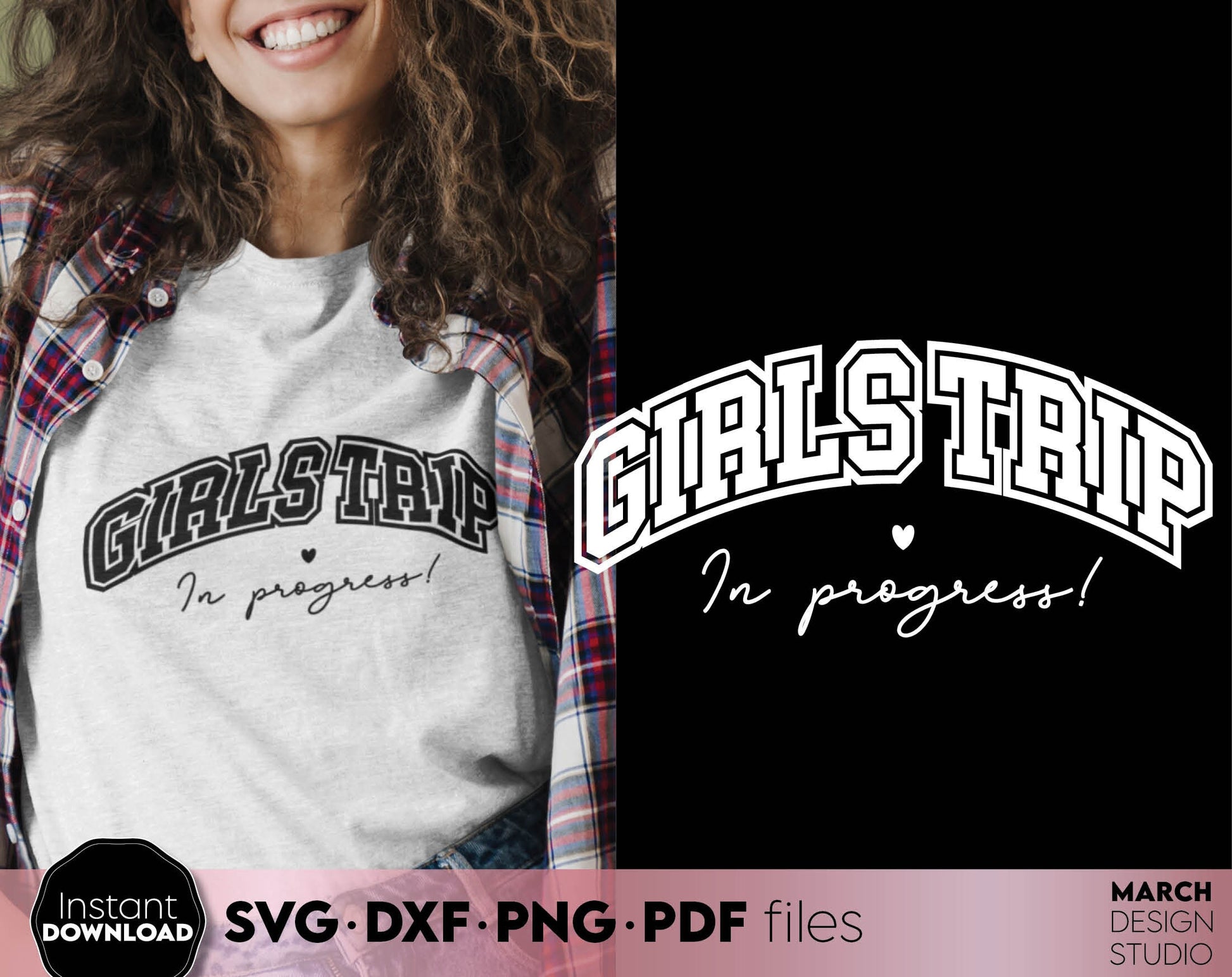 Girls Trip in progress shirt design for matching girls weekend shirts. SVG DXF PNG PDF files included. Compatible with Cricut, Silhouette or sublimation printers. Cut from vinyl, use for sublimation or laser cut / grave projects as well. Buy now!