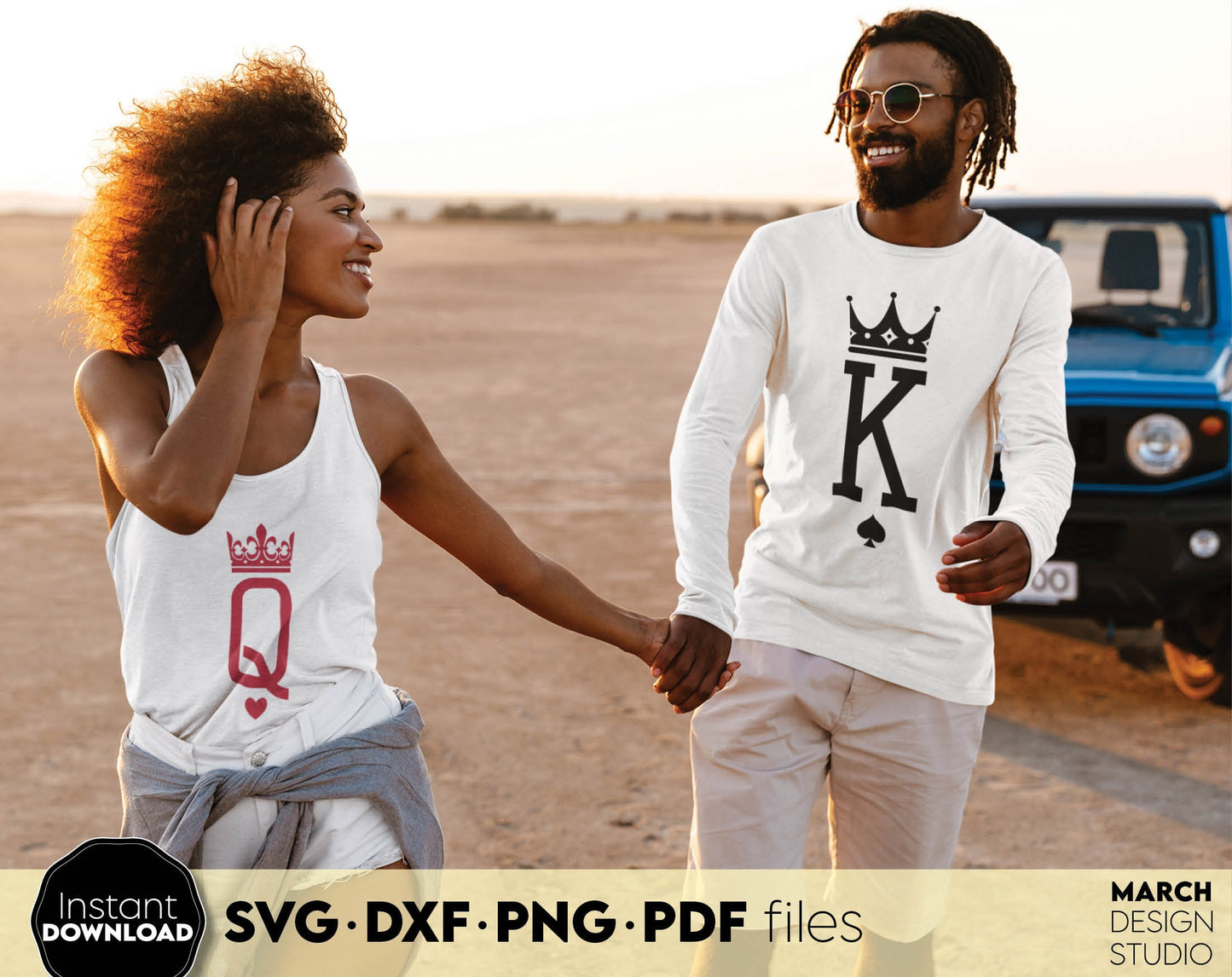 King and Queen matching couple shirts design. SVG DXF PNG PDF files included. Compatible with Cricut, Silhouette or other equipment. Cut from vinyl, use for sublimation or laser cut projects. Buy now for a good price and enjoy!