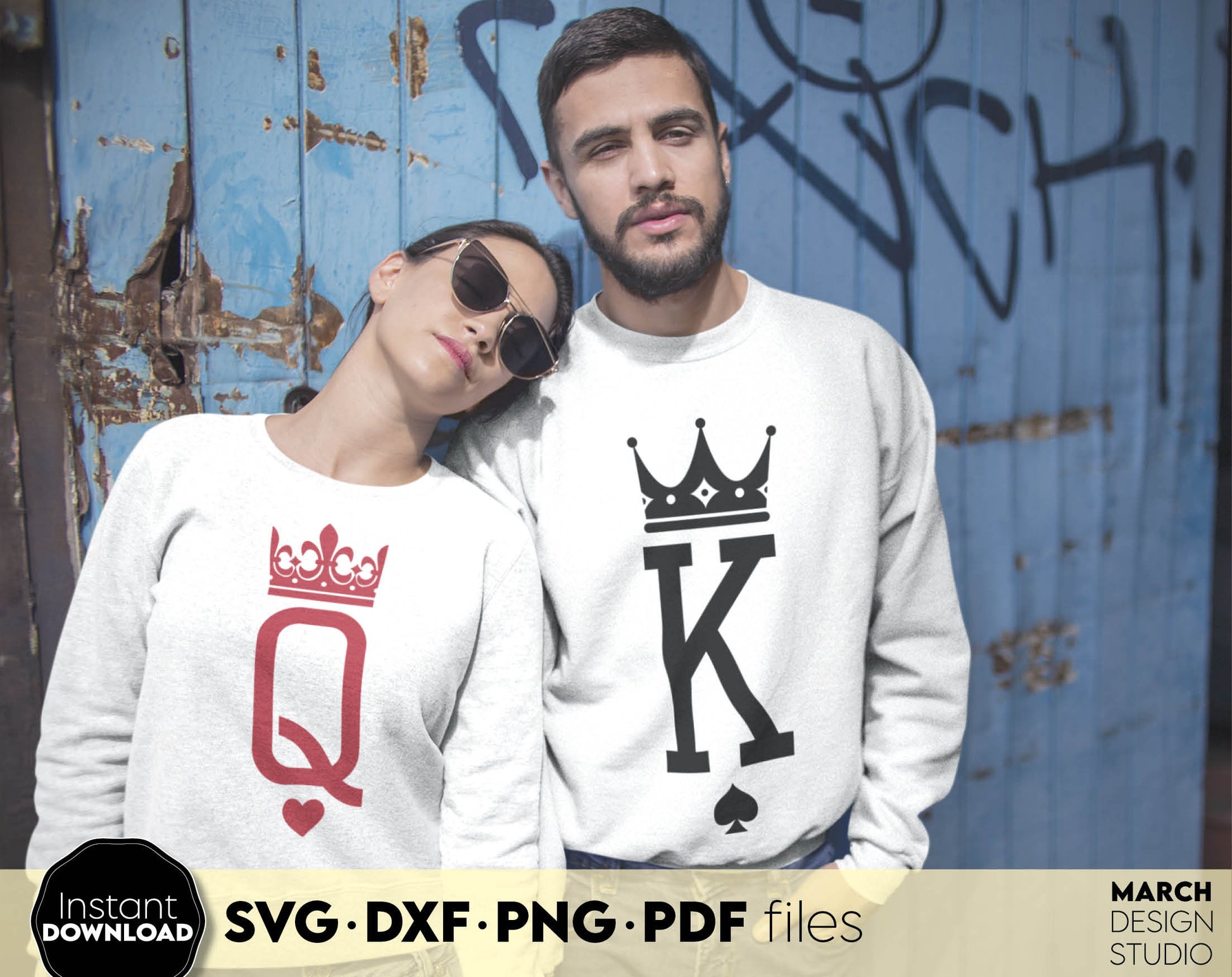 King and Queen matching couple shirts design. SVG DXF PNG PDF files included. Compatible with Cricut, Silhouette or other equipment. Cut from vinyl, use for sublimation or laser cut projects. Buy now for a good price and enjoy!