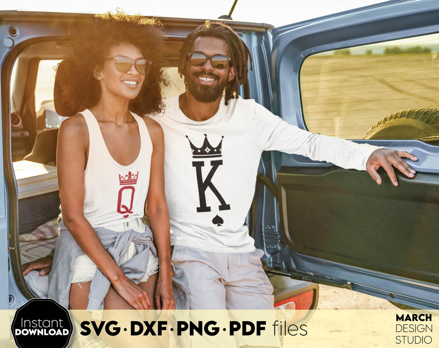 King and Queen matching couple shirts design. SVG DXF PNG PDF files included. Compatible with Cricut, Silhouette or other equipment. Cut from vinyl, use for sublimation or laser cut projects. Buy now for a good price and enjoy!