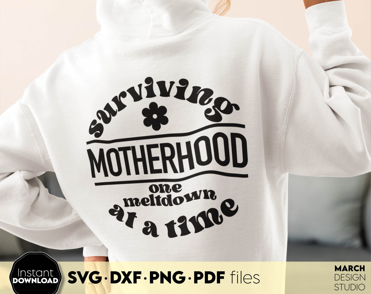 Surviving Motherhood one meltdown at a time shirt design. SVG DXF PNG PDF files included. Compatible with Cricut, Silhouette or other equipment. Cut from vinyl, use for sublimation or laser cut or grave projects. Buy now for a good price and enjoy!