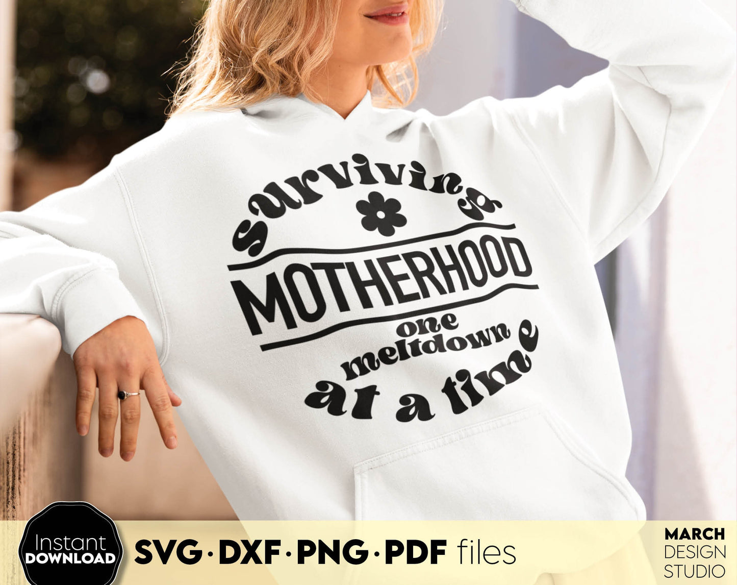 Surviving Motherhood one meltdown at a time shirt design. SVG DXF PNG PDF files included. Compatible with Cricut, Silhouette or other equipment. Cut from vinyl, use for sublimation or laser cut or grave projects. Buy now for a good price and enjoy!