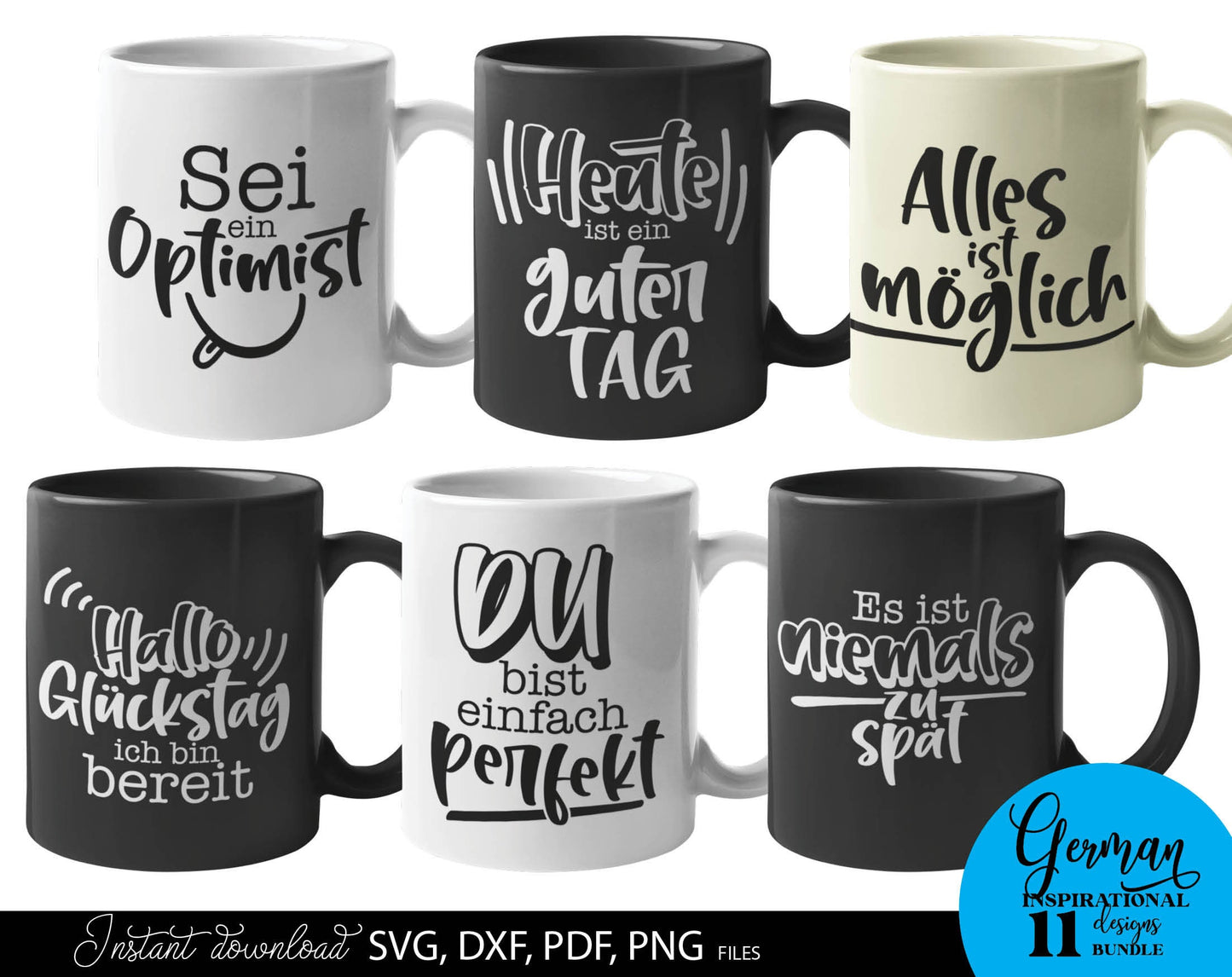 German Positive Quotes Plotter File SVG, PNG DXF JPG and PDF files included. Compatible with Cricut, Silhouette, Glowforge or other machines. Use for sublimation or laser cut projects as well. Buy now and enjoy! Discount prices available.