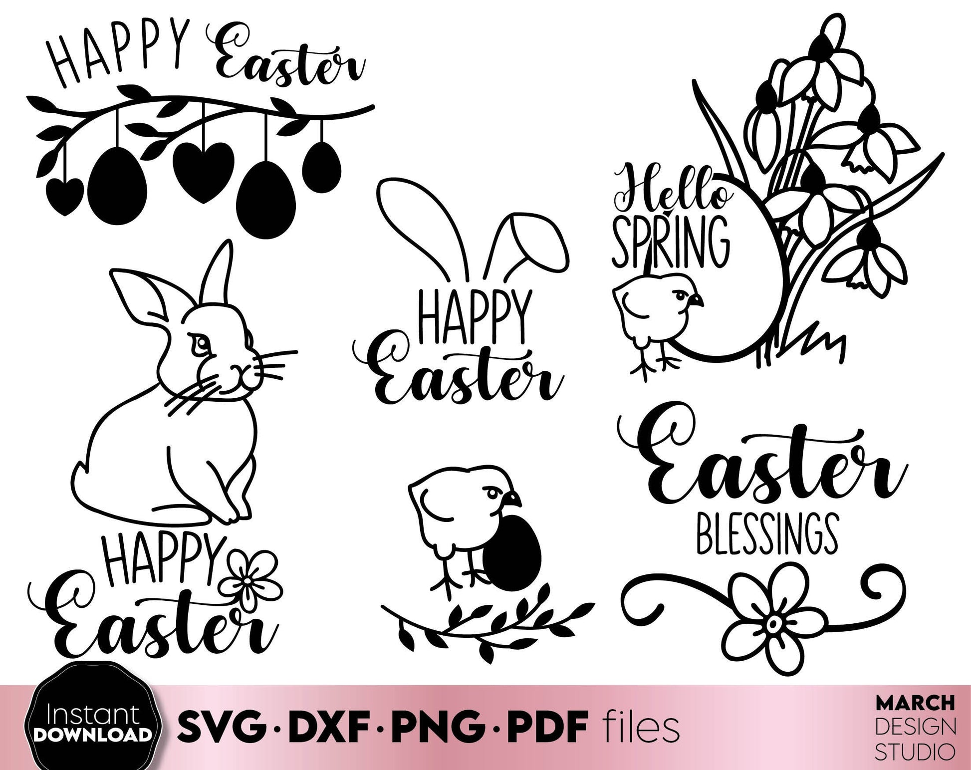 Spring bundle with rustic easter farmhouse decorations. SVG PNG EPS DXF files included. Compatible with Cricut, Silhouette or other equipment. Cut from vinyl, use for printing, sublimation or laser cut projects. Buy now for a good price and enjoy!