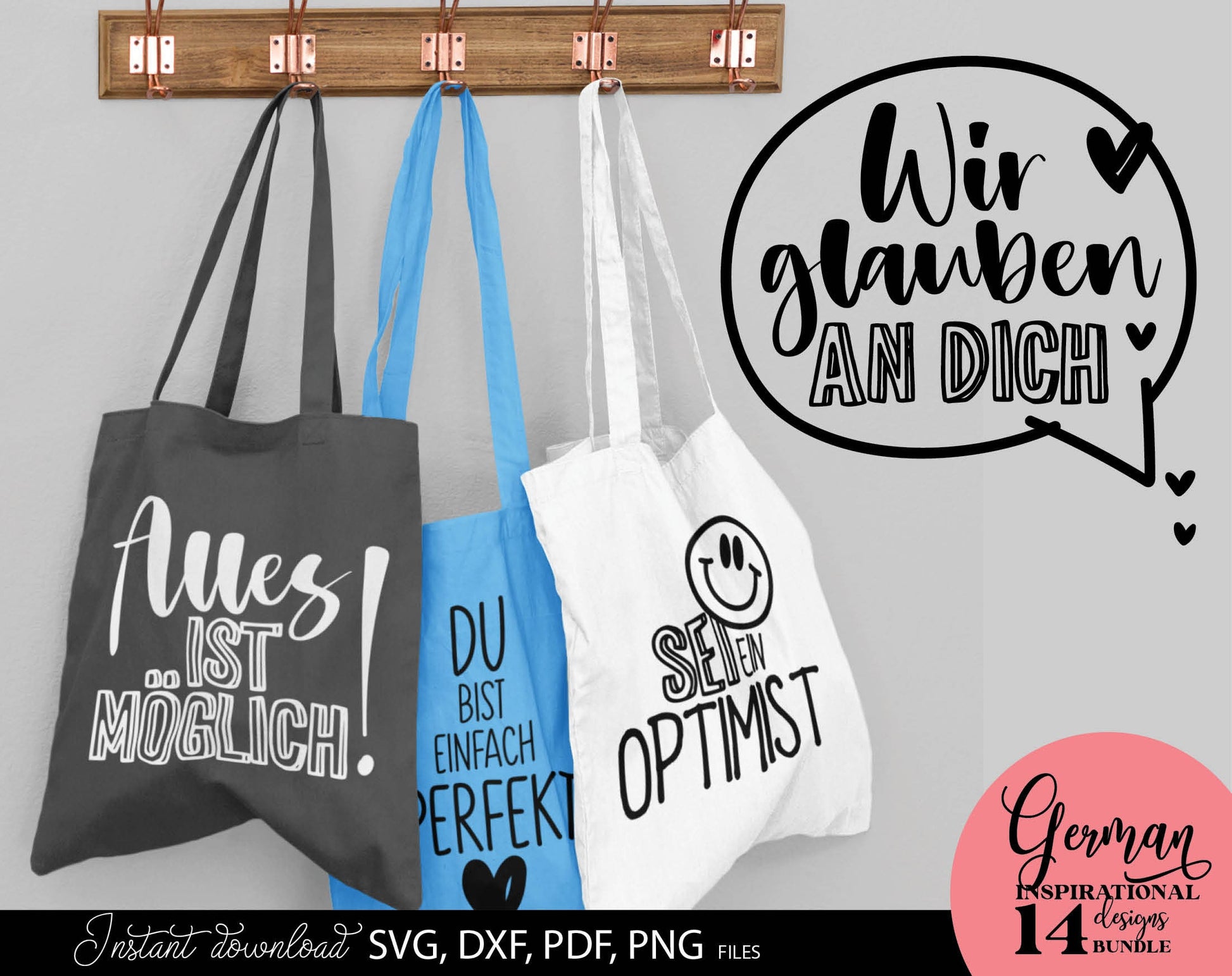 German Inspirational Quotes Plotter File SVG, PNG DXF JPG and PDF files included. Compatible with Cricut, Silhouette, Glowforge or other machines. Use for sublimation or laser cut projects as well. Buy now and enjoy! Discount prices available.