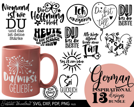 German Positive Quotes Plotter File SVG, PNG DXF JPG and PDF files included. Compatible with Cricut, Silhouette, Glowforge or other machines. Use for sublimation or laser cut projects as well. Buy now and enjoy! Discount prices available.