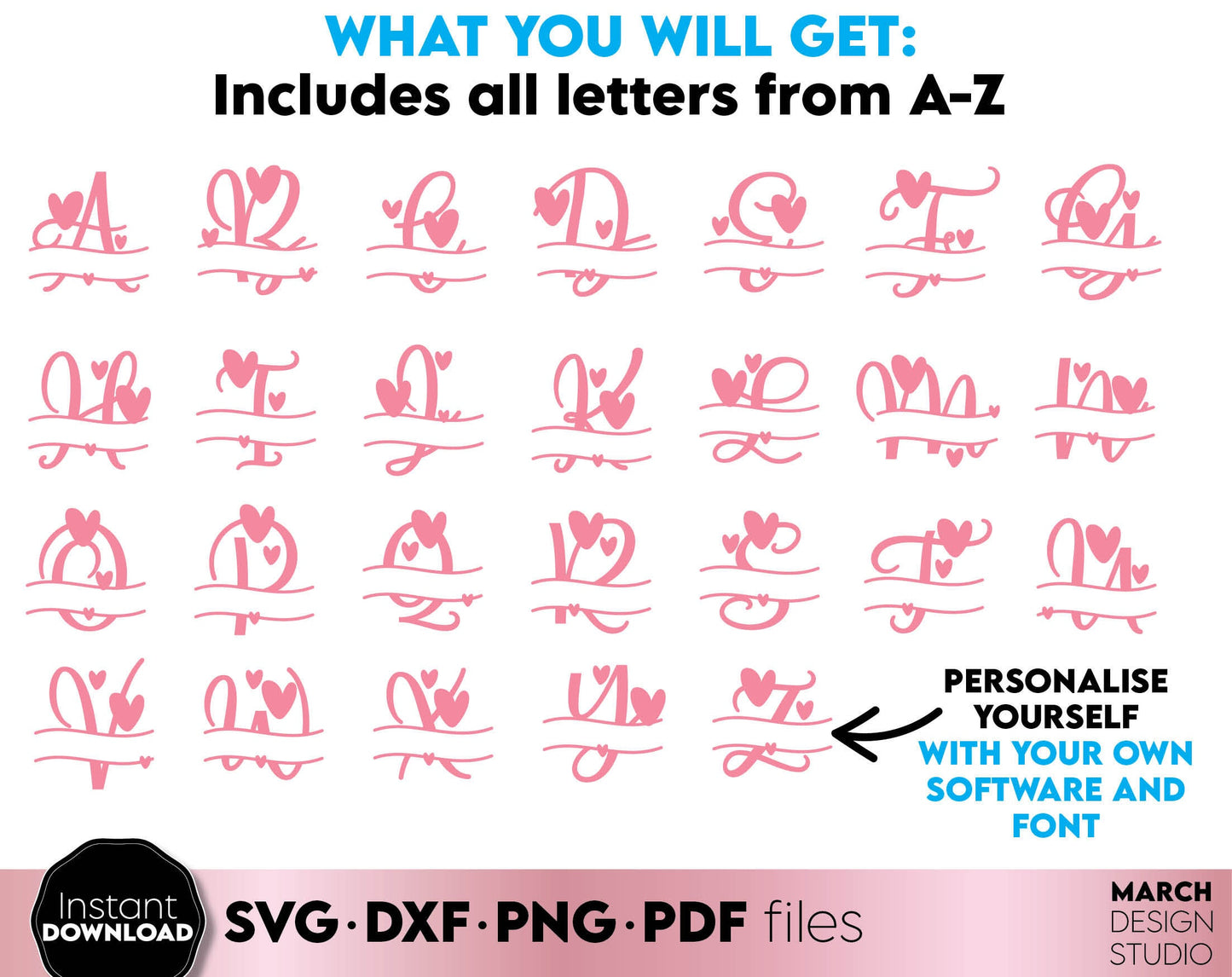 Split monogram for kids birthday or use as Valentine Day Gift ideas. SVG DXF PNG PDF files included. Cut from vinyl, use for sublimation or laser cut projects. Compatible with Cricut, Silhouette or other equipment. Buy now for a good price and enjoy