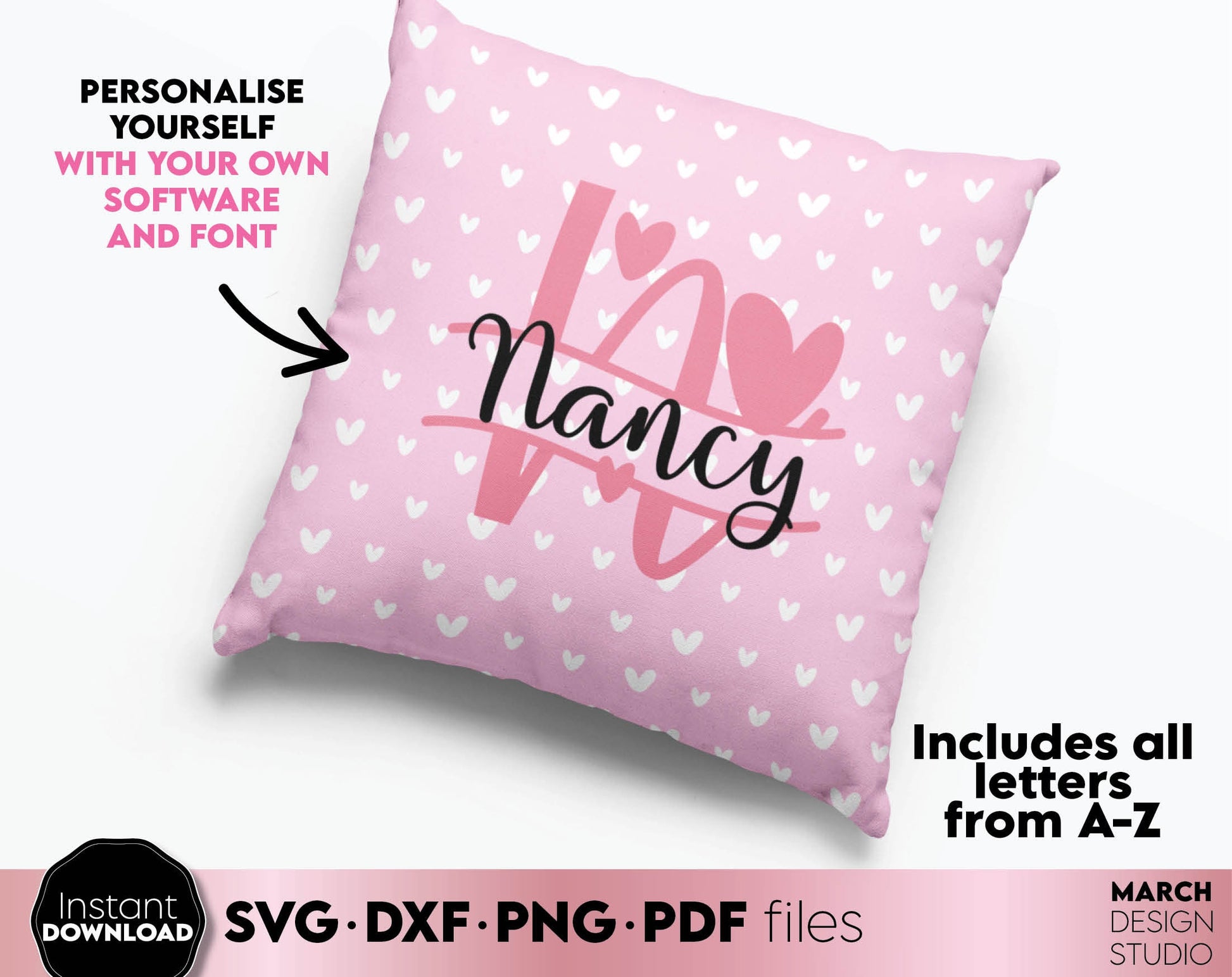 Split monogram for kids birthday or use as Valentine Day Gift ideas. SVG DXF PNG PDF files included. Cut from vinyl, use for sublimation or laser cut projects. Compatible with Cricut, Silhouette or other equipment. Buy now for a good price and enjoy