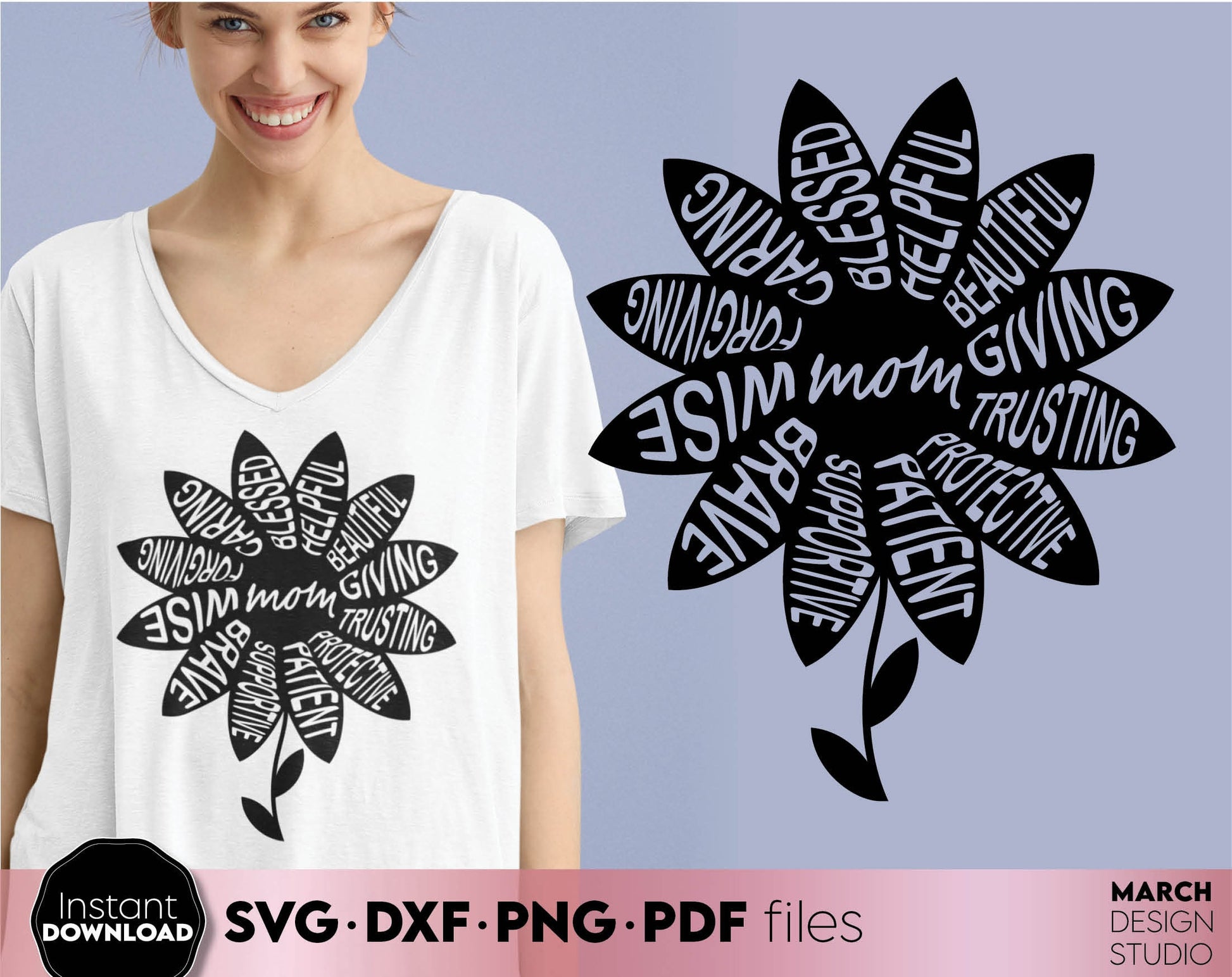 Mom Saying Flower. Nice design for mother day or mom birthday gift ideas. SVG PNG EPS DXF files included. Compatible with Cricut, Silhouette. Cut from vinyl, use for printing, sublimation or laser cut projects. Buy now for a good price, enjoy!