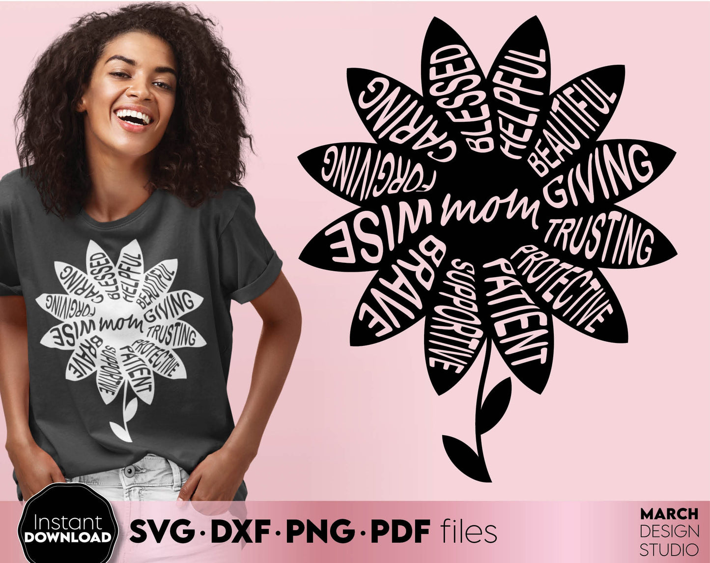 Mom Saying Flower. Nice design for mother day or mom birthday gift ideas. SVG PNG EPS DXF files included. Compatible with Cricut, Silhouette. Cut from vinyl, use for printing, sublimation or laser cut projects. Buy now for a good price, enjoy!